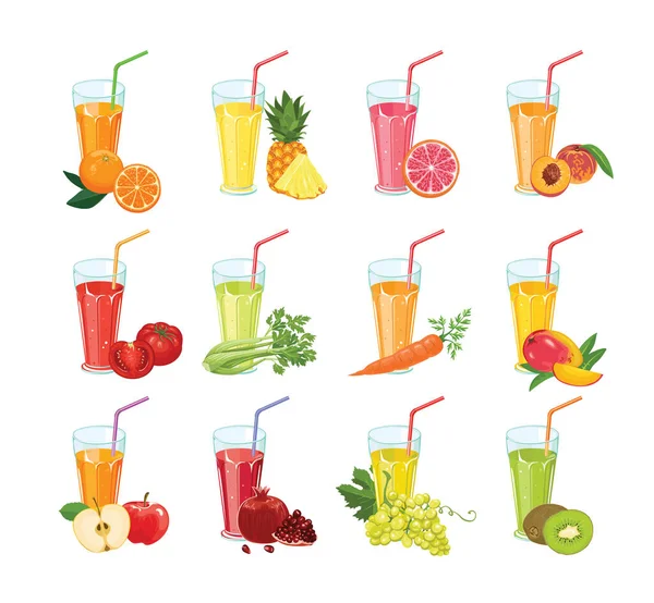一套新鲜的果汁 不同水果 柑橘和蔬菜中的健康饮品 在白色背景下隔离 卡通平面风格的矢量图解 — 图库矢量图片