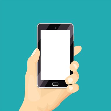 El ele tutuşan cep telefonu. Düz biçimli boş beyaz ekranlı akıllı telefonun vektör illüstrasyonu.