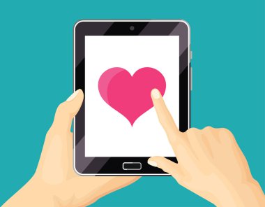 Dokunmatik ekranlı cep telefonu. Kalp ile mesaj gönderiliyor. Çizgi film düz stiliyle vektör illüstrasyonu.