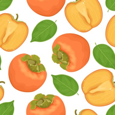 Hurmalar pürüzsüz desen. Vektör karikatür düz çizim. Tropikal meyve ve yeşil yapraklar.