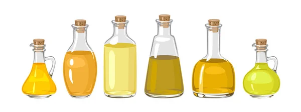 白に隔離されたガラス瓶の中の油のセット フラットスタイルのベクトルイラスト バージン有機健康油製品 種子油 — ストックベクタ