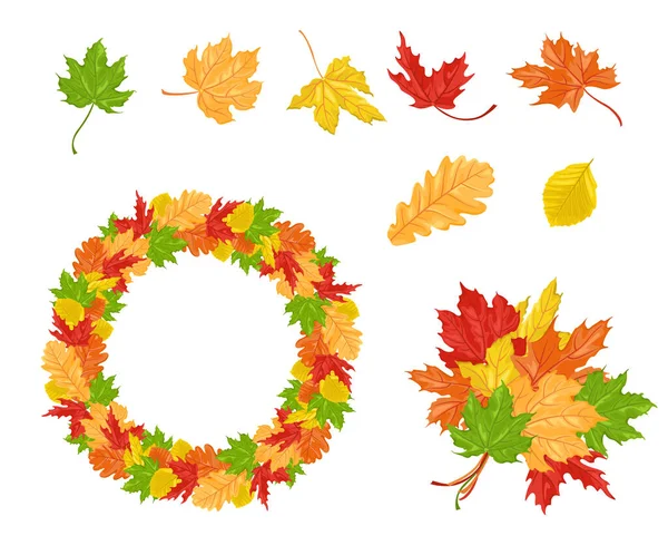 Цветные Осенние Листья Венок Букет Изолированы Белом Фоне Векторная Иллюстрация — стоковый вектор