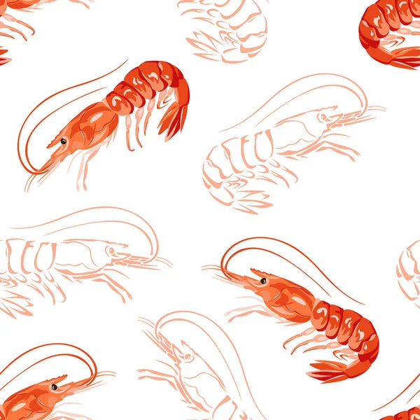 Červené Kreslené Krevety Bezešvé Vzor Pozadí Mořských Plodů Vektorová Ilustrace — Stockový vektor