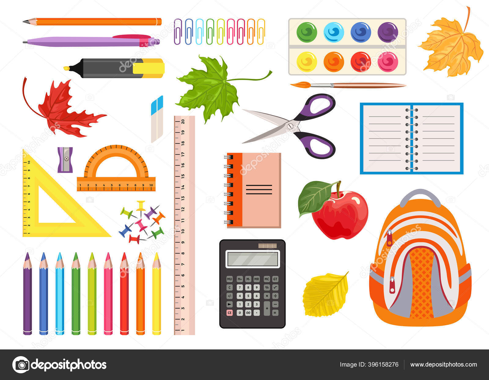 Set School Office Supplies Color Icons Tools Writing Drawing