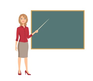 Bayan öğretmen elinde bir işaretçi tutuyor ve tahtada gösteriyor. Çizgi film tarzı dersinde sınıfta okul pedagogunun vektör illüstrasyonu.