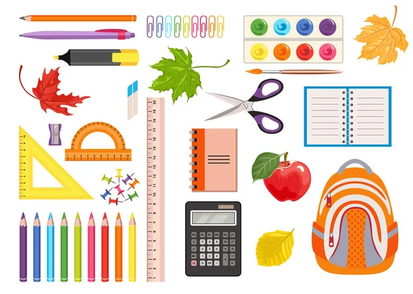 Ensemble Fournitures Scolaires Bureau Icônes Couleur Outils Pour Écrire Dessiner — Image vectorielle