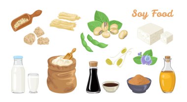 Soya yemeği seti. Soya fasulyesi, tofu, fasulye kepçesi, soya eti, şişe ve bardakta süt, sos, miso macunu, yağ, bir torba un, tofu derisi, soya filizi ve çiçek. Vektör çizgi film düz illüstrasyon.