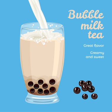Mavi arka planda izole edilmiş cam içinde köpüklü süt çayı. Boba Tea Brown Sugar Tapioca İnci Sütü. Çizgi filmlerdeki gibi basit bir tatlı içeceğin vektör çizimi. Süt ve bardağa su dökmek..