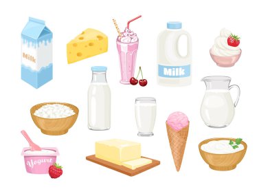 Süt ürünleri seti. Şişedeki süt, sürahi, bardak, kutu ve galon, peynir, milkshake, krem şanti süzme peynir, yoğurt, tereyağı, dondurma ve ekşi krema izole edilmiş. Vektör çizgi film düz illüstrasyon.