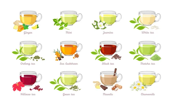 Farklı Tipte Çay Seti Popüler Içeceklerin Karikatür Düz Stiliyle Sunumunun — Stok Vektör