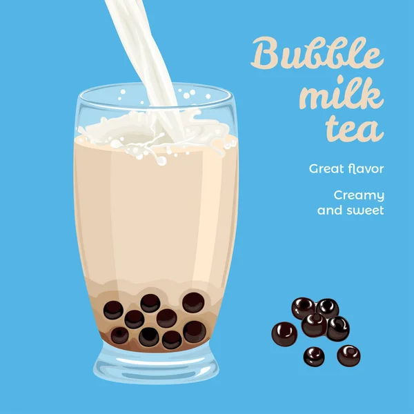 Bubble Milk Tea in glass isolated on blue background. Boba Tea Brown Sugar Tapioca Pearl Milk. Vector illustration of sweet drink in cartoon simple flat style. Pouring milk and splash in glass. — Stock Illustration Bubble Milk Tea Glass Isolated Blue Background Boba Tea Brown Vector Graphics