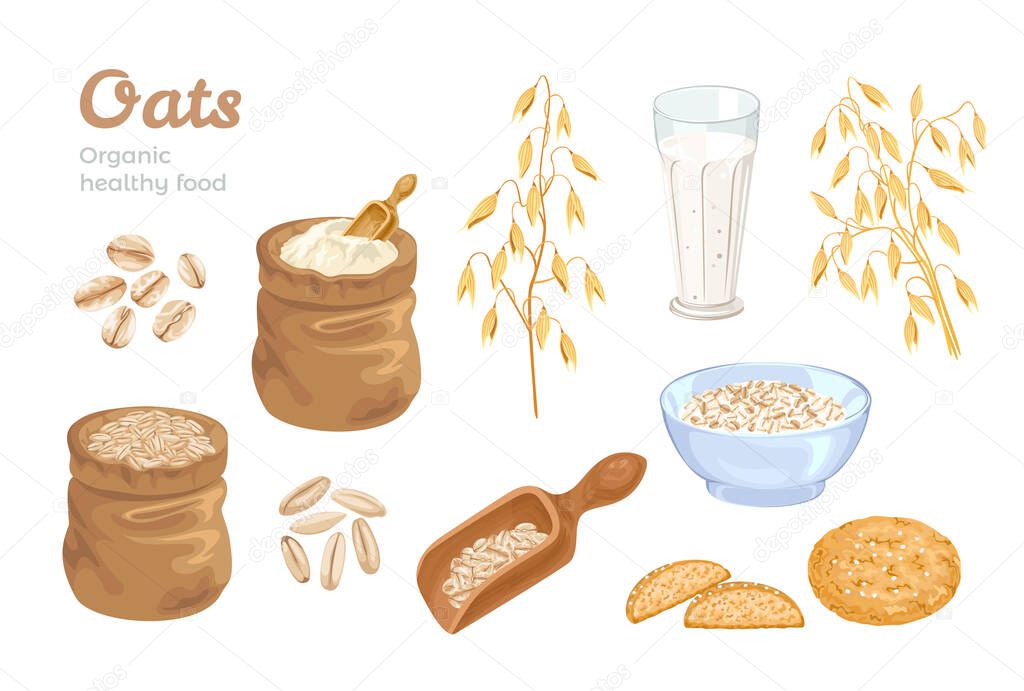 Oats set. Bag of oat flour, sack of grains, wooden scoop with cereals, golden ears of corn, oat milk and cookies. Oat flakes and bowl with oatmeal. Organic food Vector illustration. Cartoon flat style