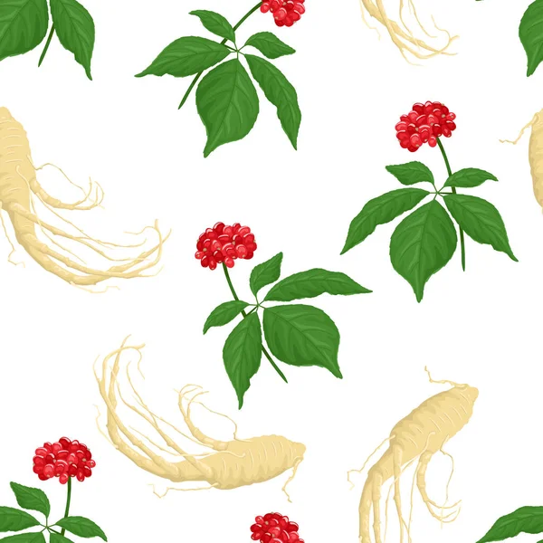 Nahtloses Muster Mit Ginsengwurzel Und Pflanze Mit Grünen Blättern Vektorillustration — Stockvektor