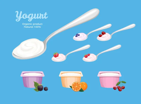 酸奶套件 金属汤匙中的白色酸奶 汤匙中的不同浆果和塑料容器隔离的酸奶 卡通平面风格乳制品的病媒图解 — 图库矢量图片