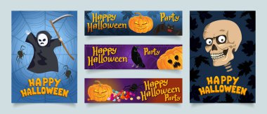 Mutlu Cadılar Bayramı. Ağ pankart koleksiyonu. Standart web pankartı. Cadılar Bayramı için tasarım ögeleri.