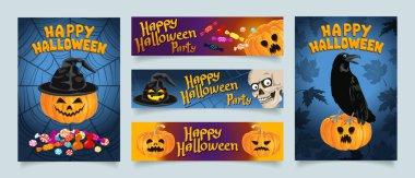 Cadılar Bayramı web pankartı seti. Vektör çizimi. Davet ya da tebrik kartı kavramı. Standart boyut web pankartı.