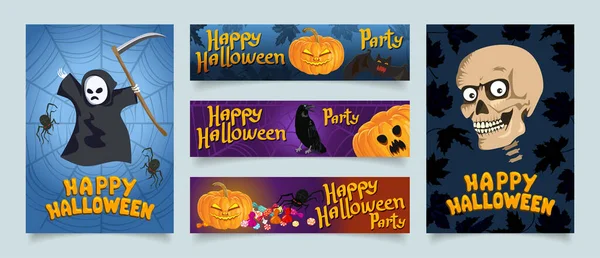 Glad Halloween Insamling Webbanners Standardstorlek Web Banner Uppsättning Designelement För — Stock vektor