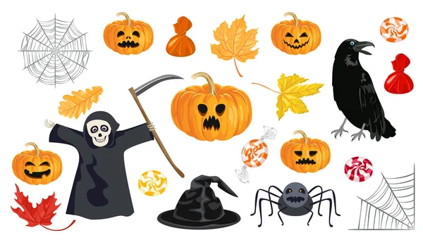 Beyaz arkaplanda izole edilmiş cadılar bayramı çizimleri. Örümcek ağı, korkunç balkabağı Jack, siyah kuzgun, şeker, sonbahar yaprakları, cadı şapkası, şeytani örümcek ve ölüm meleği. Basit düz çizgi film biçimi. 