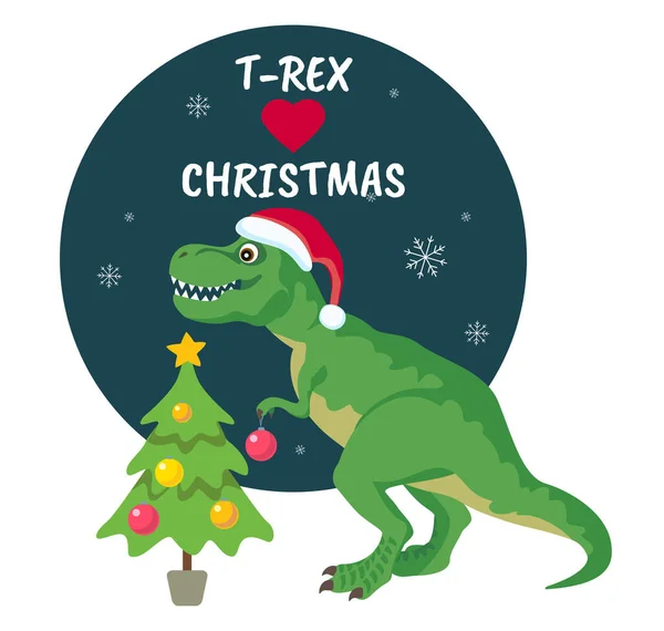 Tarjeta Navidad Tyrannosaurus Rex Dinosaurio Sombrero Santa Adorna Árbol Navidad — Vector de stock