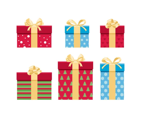 一套装有不同形状和图案的金色弓形礼品盒 以卡通简朴的风格展示新年或圣诞礼物的矢量图解 — 图库矢量图片