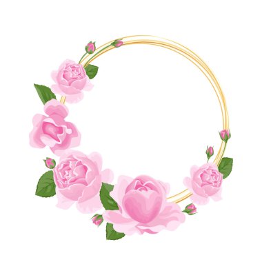 Pembe güller, tomurcuklar ve yeşil yapraklı altın yuvarlak çerçeve. Metin için boş alan. Çizgi film düz stiliyle vektör illüstrasyonu.
