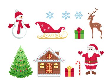 Noel ya da Yeni Yıl karikatür koleksiyonu beyaza izole edilmiş. Vektör kardan adam, kar taneleri, kızak, hediye kutuları, geyik, Noel ağacı, kulübe, şeker kamışı ve Noel Baba.