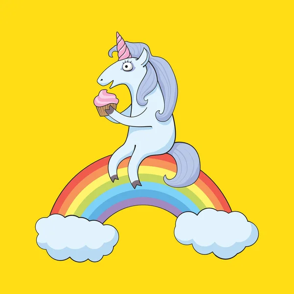 漫画ユニコーン虹の上に座ってカップケーキを食べる — ストックベクタ