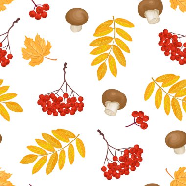 Kırmızı yaban mersini, sarı akçaağaç yaprağı ve beyaz arka planda mantarlı güz deseni. Çizgi film düz stiliyle vektör illüstrasyonu.