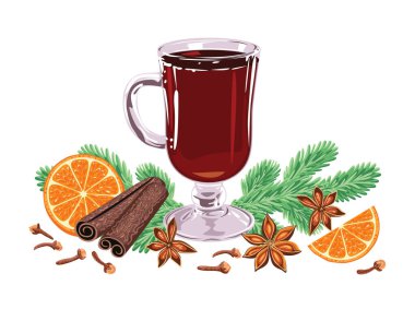 Beyaz arka planda izole edilmiş sıcak şarap. Bardakta sıcak içecek, anason yıldızları, tarçın, köknar dalları, köknar dalları, portakal dilimleri, karanfiller. Çizgi film tarzında vektör illüstrasyonu.