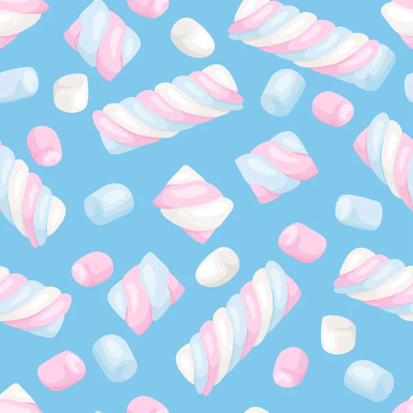 Sömlöst Mönster Med Marshmallows Blå Bakgrund Vektor Färg Illustration Dessert — Stock vektor