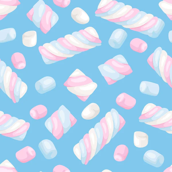 Bezešvé Vzor Marshmallows Modrém Pozadí Vektorová Barva Ilustrace Dezertu Kresleném — Stockový vektor