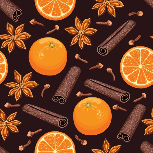 Бесшовный Рисунок Глинтвейн Ингредиентов Темном Фоне Оранжевый Ломтик Коричная Палочка — стоковый вектор