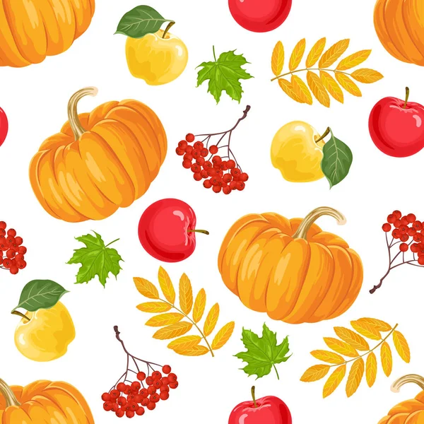 Autumn Seamless Pattern Orange Pumpkins Bunches Red Rowan Berries Apples — Stock Vector