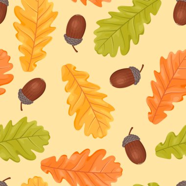 Meşe palamutları ve sonbahar meşesi yaprakları pürüzsüz desen. Yaprak düşüşü. Çizgi film düz stiliyle vektör illüstrasyonu