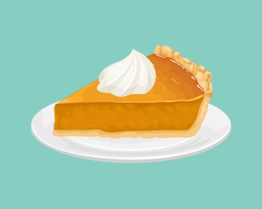 Slice of pumpkin pie with whipped cream on a white plate. Vector illustration of a festive dessert in cartoon flat style. clipart