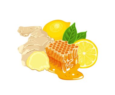 Bal, limon ve zencefil beyaz arka planda izole edilmiş. Düz çizgi filmdeki sağlıklı yiyeceklerin vektör çizimi.