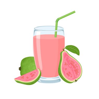 Beyaz arka planda izole edilmiş bardakta guava suyu. Vektör çizgi film düz illüstrasyon. 