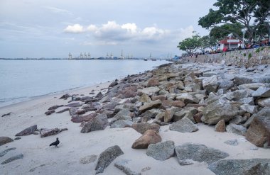 Penang, Malezya - 8 Eylül 2018: Esplanade plajında ağacın altında huzur içinde dinlenen birinin sahnesi