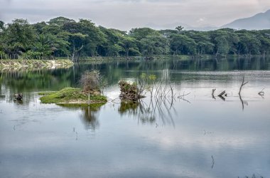 Bulutlu gökyüzü altında yeşillik ile tin cevheri gölü Manzara görünümü 