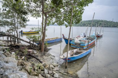 Perak, Malezya - 16 Şubat 2019: Kg Telaga Nenas, Ayer Tawar'da balık yakalamak için yüksek gelgit ya da balık avlamak için dışarı çıkmadığında deniz kenarında limanyapılan balıkçı teknelerinin sahnesi.