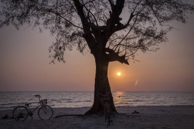 Sihanoukville, Kamboçya - 26 Şubat 2019: Ziyaretçiler Otres Plajı'nda sahilde gezinirken güzel gün batımı altın saat sahnesi