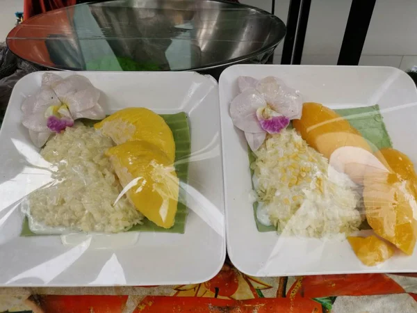 Köstlicher Thailändischer Mango Oder Durischer Kleberreis — Stockfoto