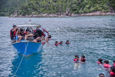 Trengganu, Malezya. 24 Haziran 2019 : Redang Adası Marine Park'ta mavi berrak denizde şnorkelle yüzme faaliyeti. 