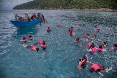 Trengganu, Malezya. 24 Haziran 2019 : Redang Adası Marine Park'ta mavi berrak denizde şnorkelle yüzme faaliyeti. 