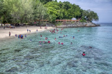 Trengganu, Malezya. 24 Haziran 2019 : Redang Adası Marine Park'taki şnorkelli yüzme plajının keyfini çıkaran turistin manzarası ve etkinliği. 