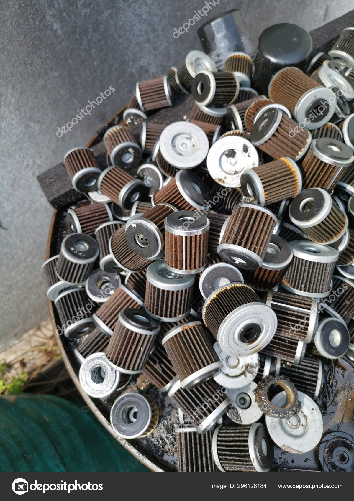 Stacks Thrown Away Car Oil Filter Cyclinderal Outdoor Stock Photo by