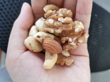 yenilebilir kavrulmuş kaju fıstığı, ceviz ve badem tutan. 