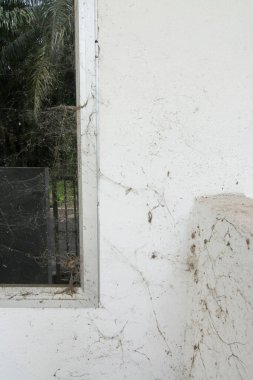 Boş binanın duvarında, penceresinde ve kapısında ağ ipliği
