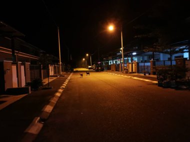 Gece caddesini aydınlatan konut lambası direği