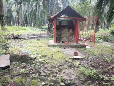 Perak, Malezya. 22 Haziran 2020: Kg Koh Palm Petrol Çiftliği 'ndeki toprak tanrısına saygı göstermek için çiftlik içine beton minyatür sunak inşa edildi.